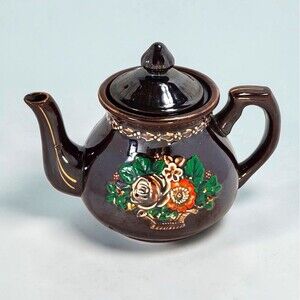 Japanese Moriage Teapot Brown Redware Raised Floral Enamel Gold Trim Vintage